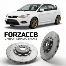 ForzaCCB direct OEM replacement carbon ceramic brake rotors for 2005 to 2012 Ford Focus II Hatchback models, shown with a white Ford Focus car.