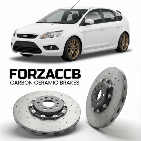 ForzaCCB direct OEM replacement carbon ceramic brake rotors for 2005 to 2012 Ford Focus II Hatchback models, shown with a white Ford Focus car.