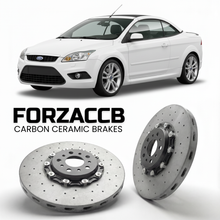 ForzaCCB direct OEM replacement carbon ceramic brake rotors for 2006 to 2010 Ford Focus Cabriolet II models, shown with a white Ford Focus car.