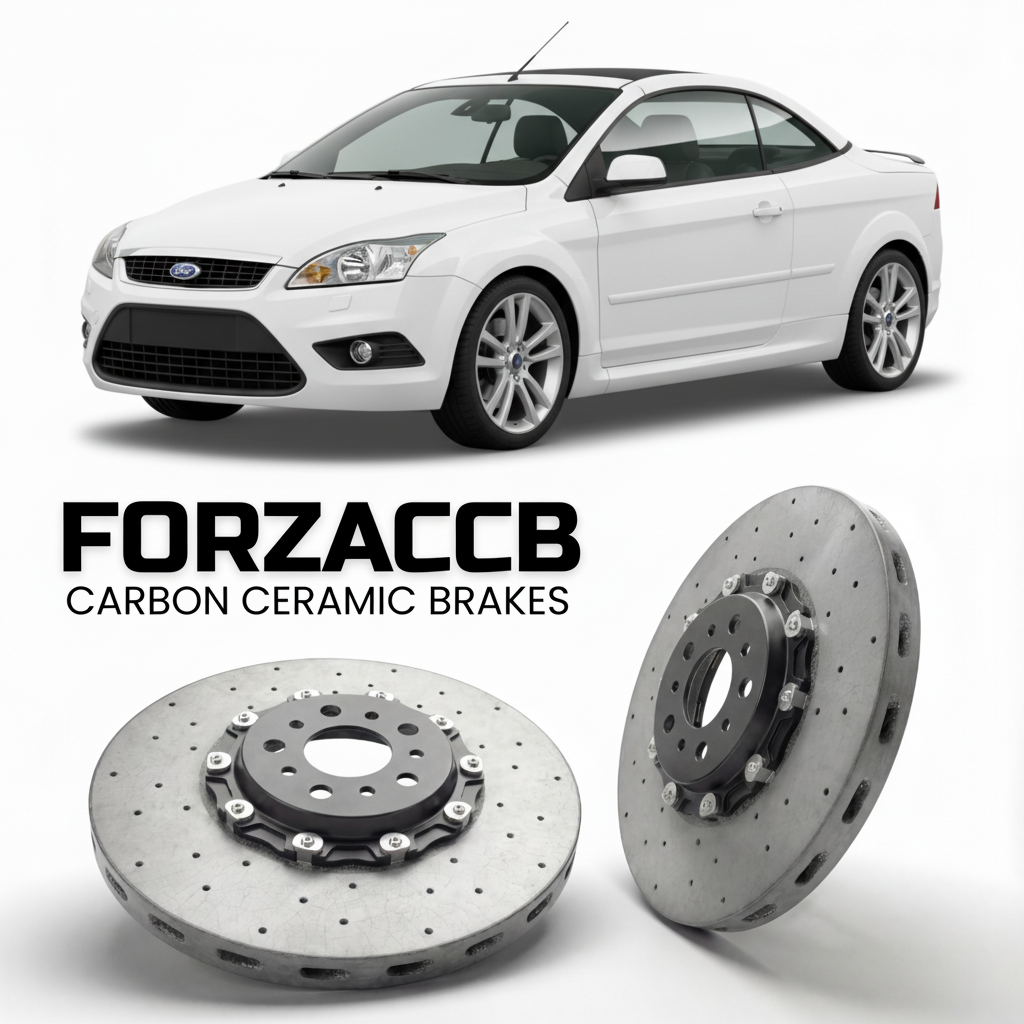 ForzaCCB direct OEM replacement carbon ceramic brake rotors for 2006 to 2010 Ford Focus Cabriolet II models, shown with a white Ford Focus car.