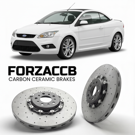 ForzaCCB direct OEM replacement carbon ceramic brake rotors for 2006 to 2010 Ford Focus Cabriolet II models, shown with a white Ford Focus car.
