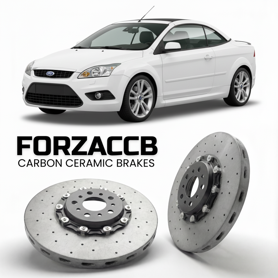 ForzaCCB direct OEM replacement carbon ceramic brake rotors for 2006 to 2010 Ford Focus Cabriolet II models, shown with a white Ford Focus car.