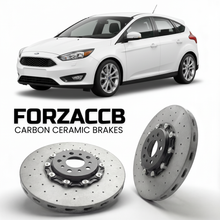 ForzaCCB direct OEM replacement carbon ceramic brake rotors for 2010 to 2014 Ford Focus III Hatchback models, shown with a white Ford Focus car.