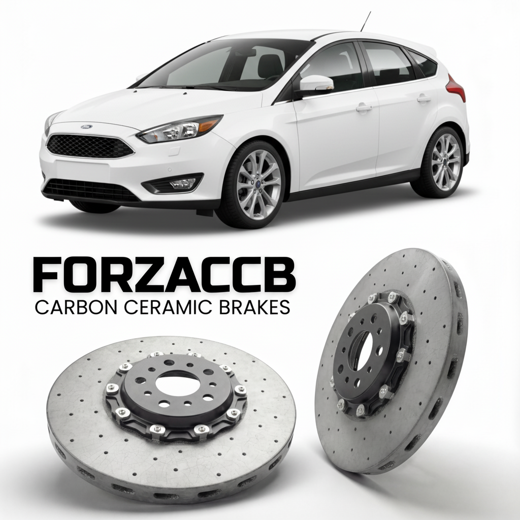 ForzaCCB direct OEM replacement carbon ceramic brake rotors for 2010 to 2014 Ford Focus III Hatchback models, shown with a white Ford Focus car.