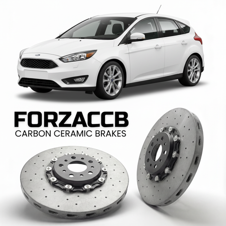ForzaCCB direct OEM replacement carbon ceramic brake rotors for 2010 to 2014 Ford Focus III Hatchback models, shown with a white Ford Focus car.