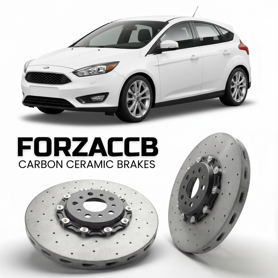 ForzaCCB direct OEM replacement carbon ceramic brake rotors for 2010 to 2014 Ford Focus III Hatchback models, shown with a white Ford Focus car.