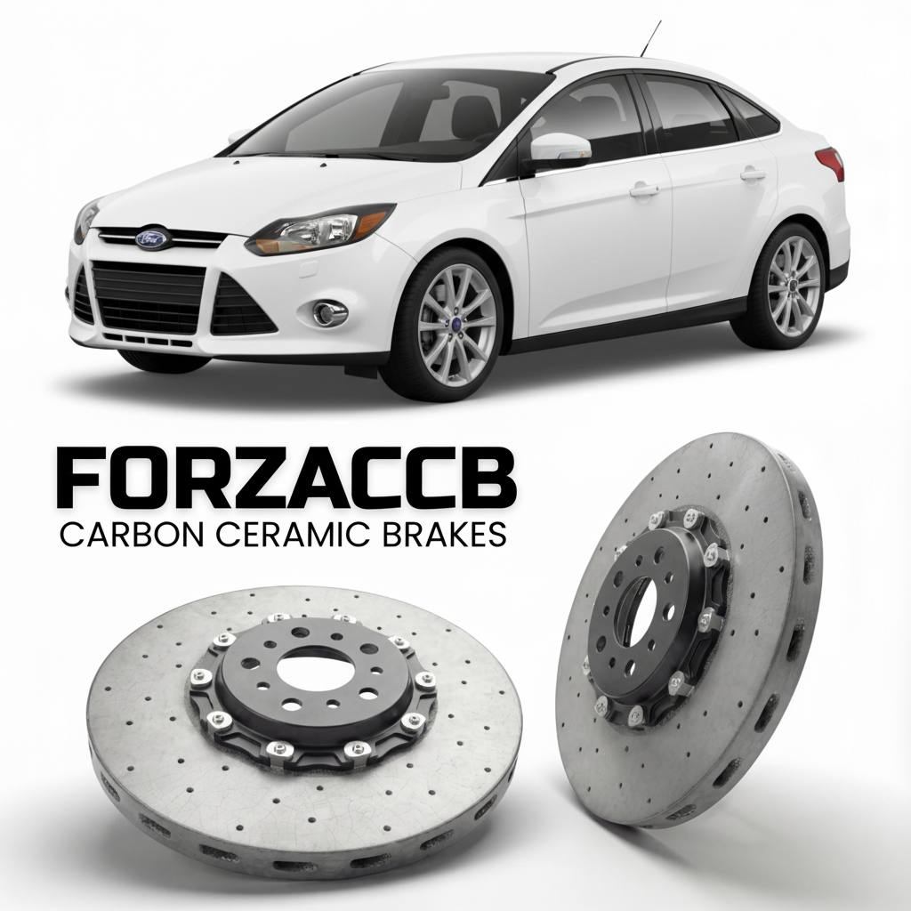 ForzaCCB direct OEM replacement carbon ceramic brake rotors for 2010 to 2014 Ford Focus III Sedan models, shown with a white Ford Focus car.