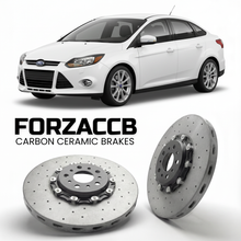 ForzaCCB direct OEM replacement carbon ceramic brake rotors for 2010 to 2014 Ford Focus III Sedan models, shown with a white Ford Focus car.