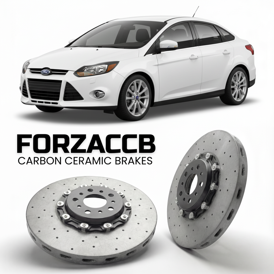 ForzaCCB direct OEM replacement carbon ceramic brake rotors for 2010 to 2014 Ford Focus III Sedan models, shown with a white Ford Focus car.