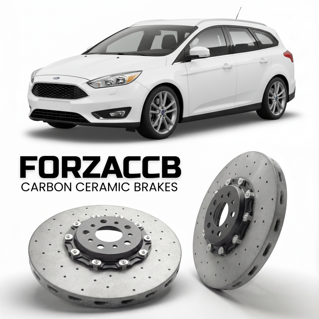 ForzaCCB direct OEM replacement carbon ceramic brake rotors for 2010 to 2014 Ford Focus III Wagon models, shown with a white Ford Focus car.