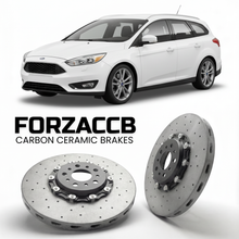ForzaCCB direct OEM replacement carbon ceramic brake rotors for 2010 to 2014 Ford Focus III Wagon models, shown with a white Ford Focus car.