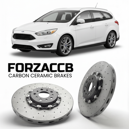 ForzaCCB direct OEM replacement carbon ceramic brake rotors for 2010 to 2014 Ford Focus III Wagon models, shown with a white Ford Focus car.