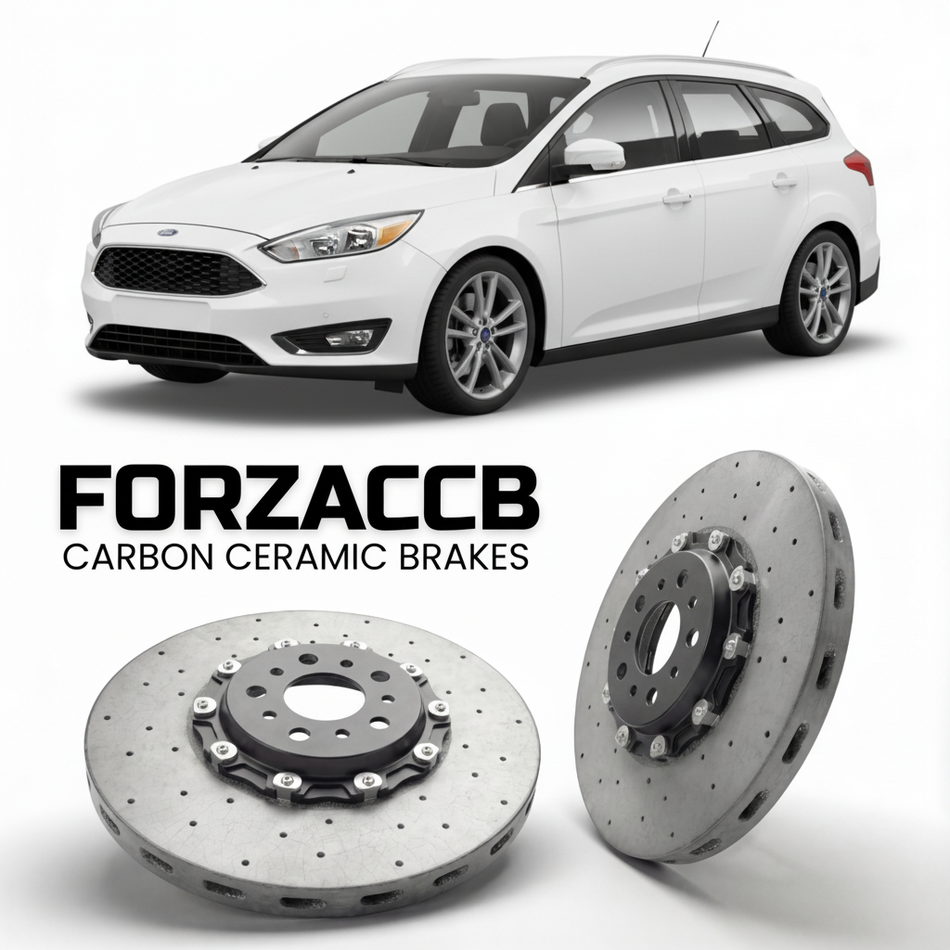 ForzaCCB direct OEM replacement carbon ceramic brake rotors for 2010 to 2014 Ford Focus III Wagon models, shown with a white Ford Focus car.