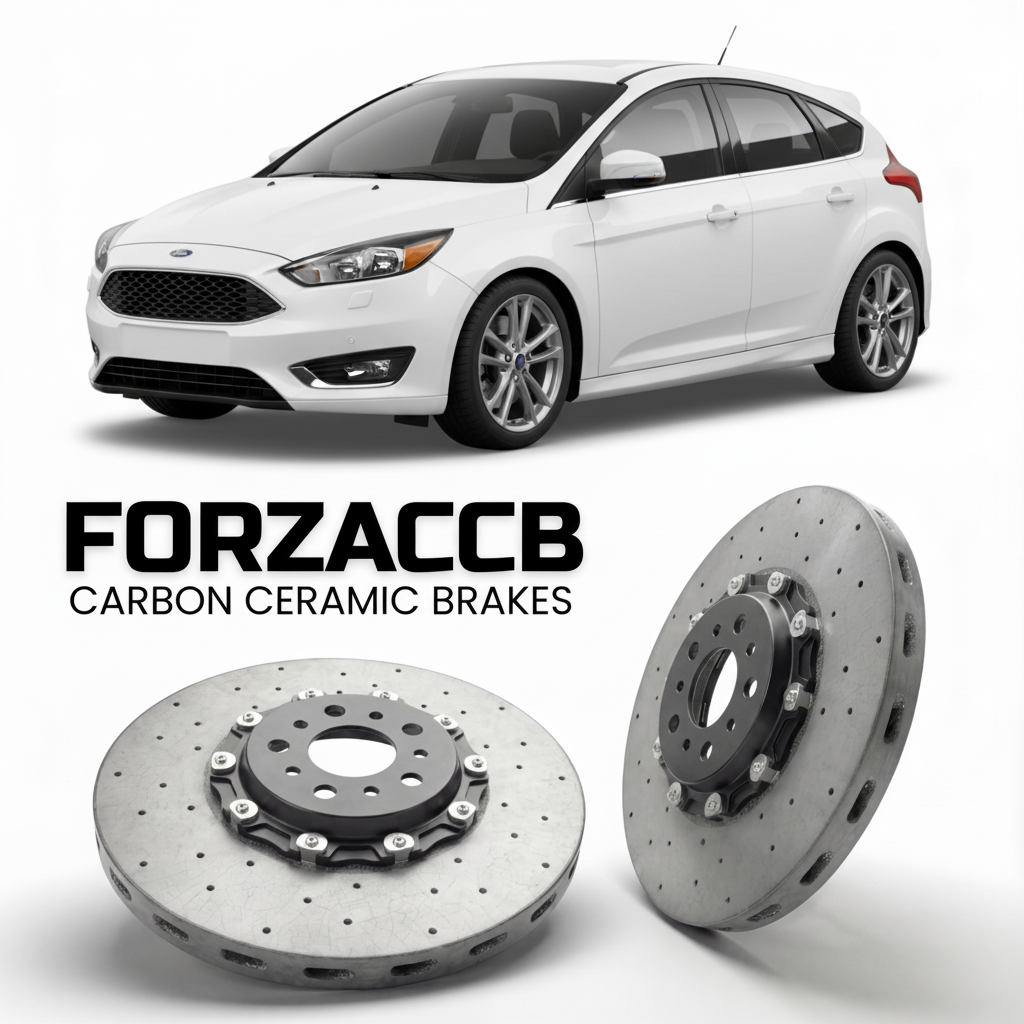 ForzaCCB direct OEM replacement carbon ceramic brake rotors for 2013-2018) Ford Focus III Hatchback (facelift 2014 models, shown with a white Ford Focus car.
