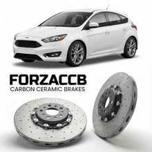 ForzaCCB direct OEM replacement carbon ceramic brake rotors for 2013-2018) Ford Focus III Hatchback (facelift 2014 models, shown with a white Ford Focus car.