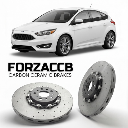 ForzaCCB direct OEM replacement carbon ceramic brake rotors for 2013-2018) Ford Focus III Hatchback (facelift 2014 models, shown with a white Ford Focus car.