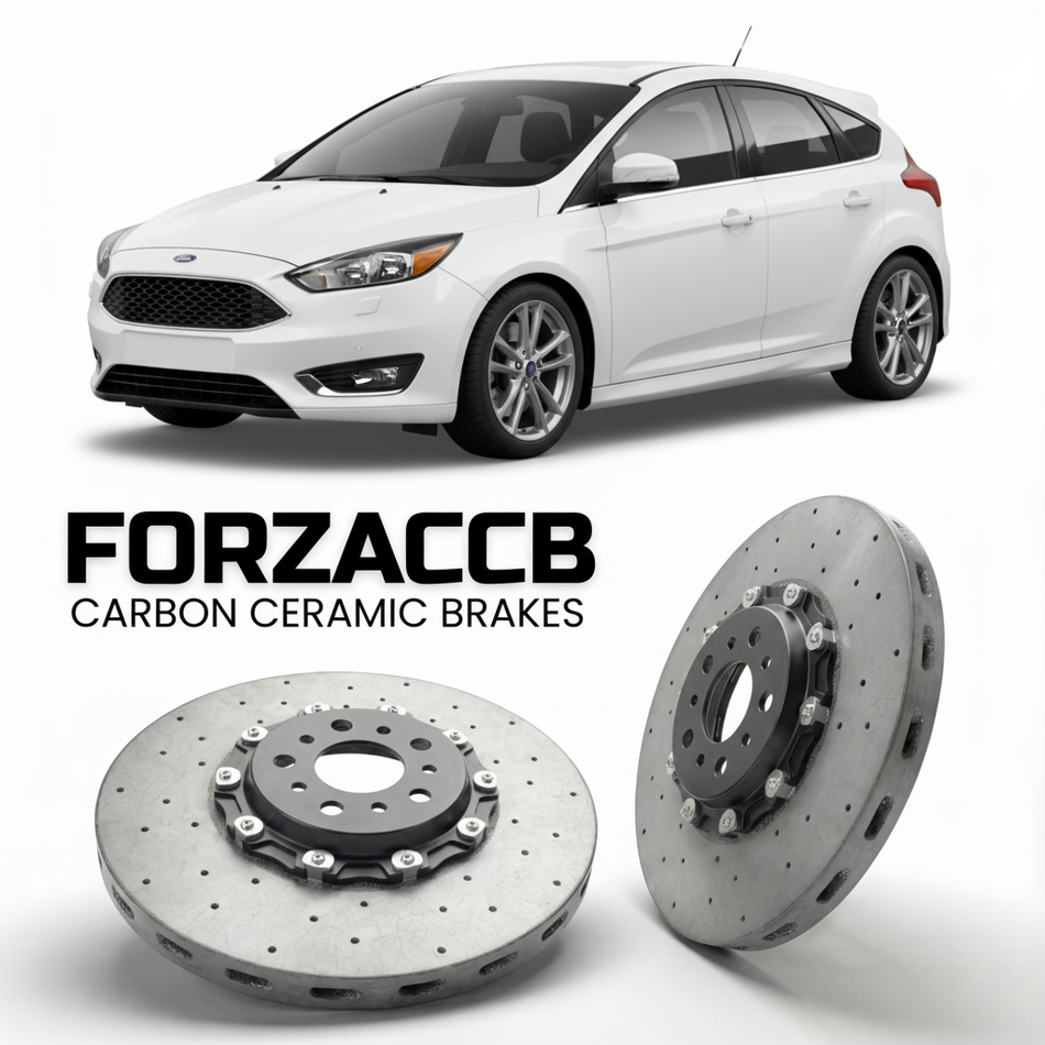 ForzaCCB direct OEM replacement carbon ceramic brake rotors for 2013-2018) Ford Focus III Hatchback (facelift 2014 models, shown with a white Ford Focus car.