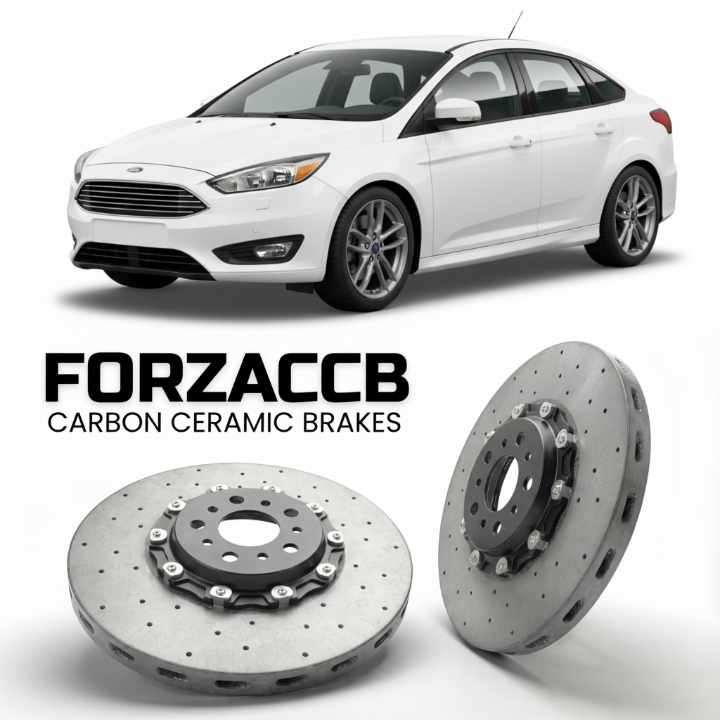 ForzaCCB direct OEM replacement carbon ceramic brake rotors for 2014-2018) Ford Focus III Sedan (facelift 2014 models, shown with a white Ford Focus car.