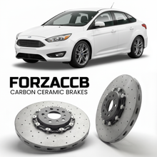 ForzaCCB direct OEM replacement carbon ceramic brake rotors for 2014-2018) Ford Focus III Sedan (facelift 2014 models, shown with a white Ford Focus car.