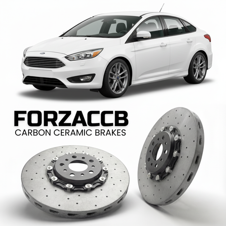 ForzaCCB direct OEM replacement carbon ceramic brake rotors for 2014-2018) Ford Focus III Sedan (facelift 2014 models, shown with a white Ford Focus car.