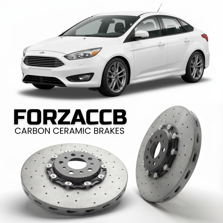 ForzaCCB direct OEM replacement carbon ceramic brake rotors for 2014-2018) Ford Focus III Sedan (facelift 2014 models, shown with a white Ford Focus car.