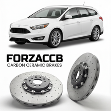 ForzaCCB direct OEM replacement carbon ceramic brake rotors for 2014-2018) Ford Focus III Wagon (facelift 2014 models, shown with a white Ford Focus car.