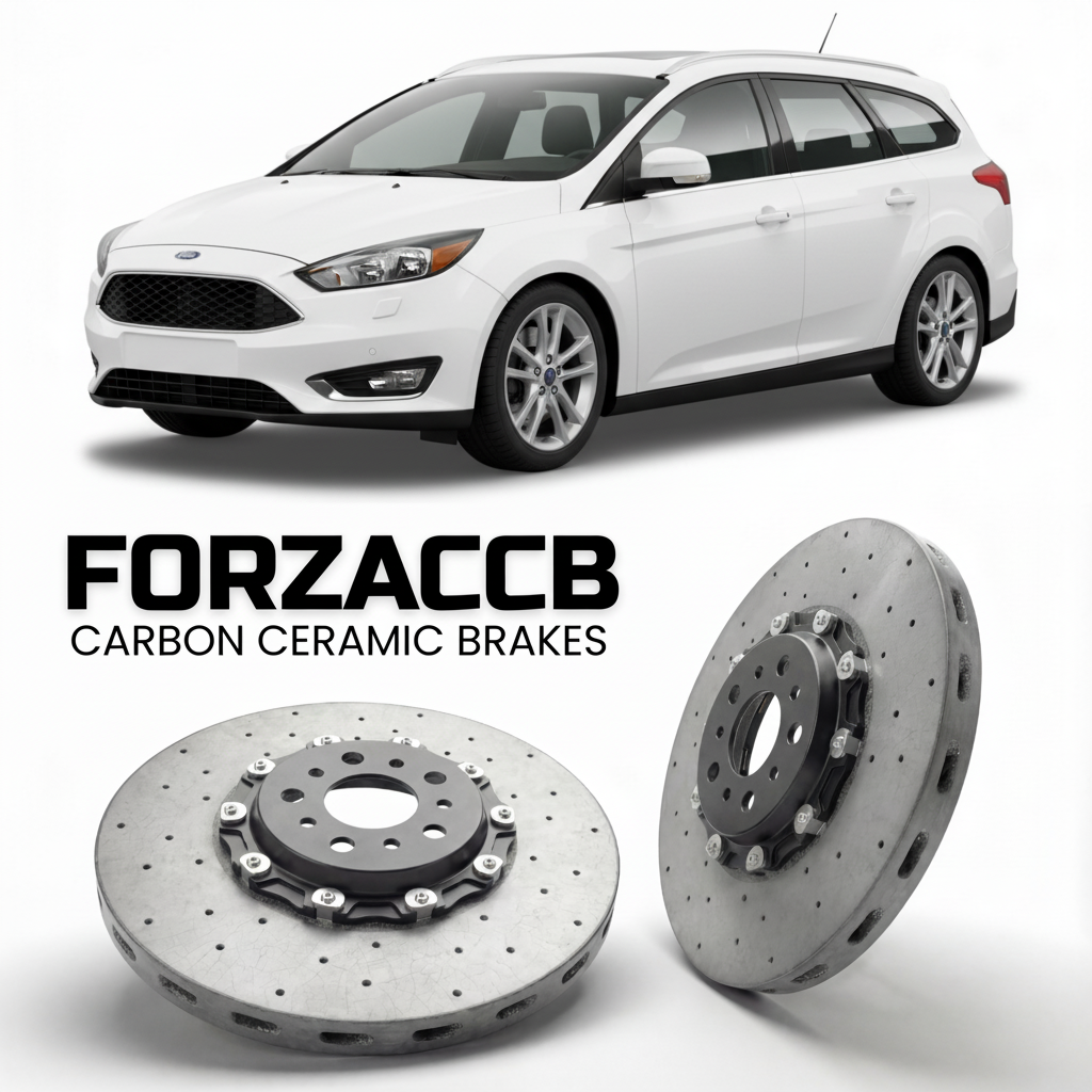 ForzaCCB direct OEM replacement carbon ceramic brake rotors for 2014-2018) Ford Focus III Wagon (facelift 2014 models, shown with a white Ford Focus car.