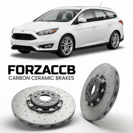 ForzaCCB direct OEM replacement carbon ceramic brake rotors for 2014-2018) Ford Focus III Wagon (facelift 2014 models, shown with a white Ford Focus car.