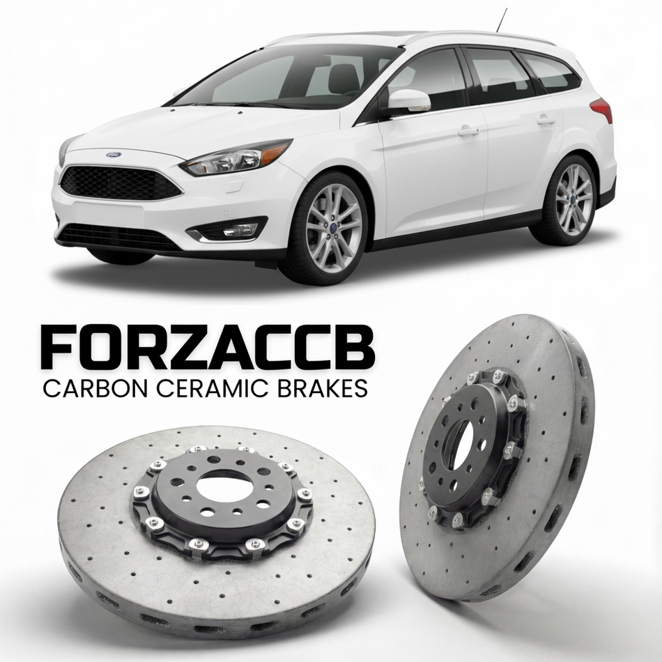 ForzaCCB direct OEM replacement carbon ceramic brake rotors for 2014-2018) Ford Focus III Wagon (facelift 2014 models, shown with a white Ford Focus car.