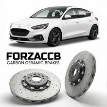 ForzaCCB direct OEM replacement carbon ceramic brake rotors for 2018 to 2021 Ford Focus IV Hatchback models, shown with a white Ford Focus car.