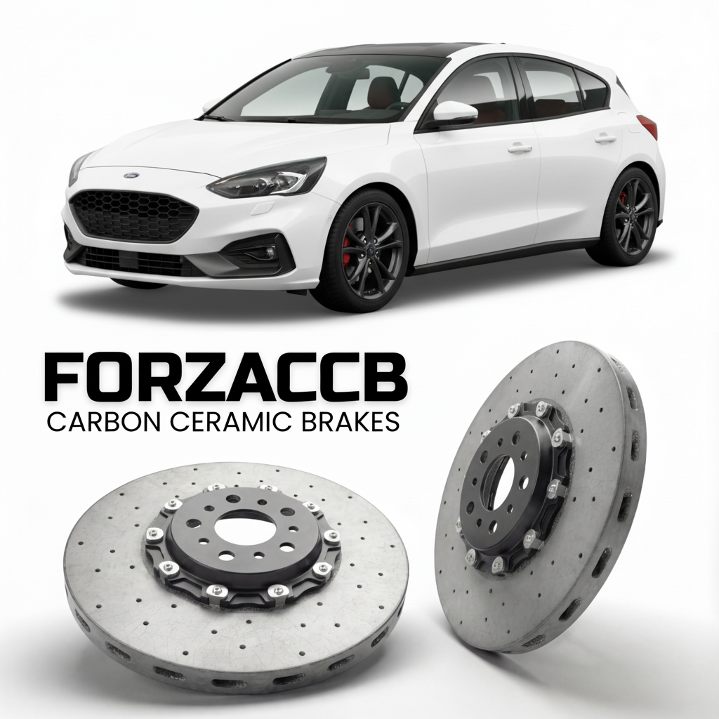 ForzaCCB direct OEM replacement carbon ceramic brake rotors for 2018 to 2021 Ford Focus IV Hatchback models, shown with a white Ford Focus car.