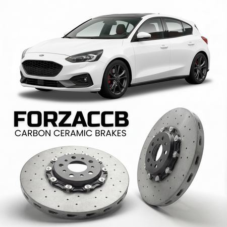 ForzaCCB direct OEM replacement carbon ceramic brake rotors for 2018 to 2021 Ford Focus IV Hatchback models, shown with a white Ford Focus car.