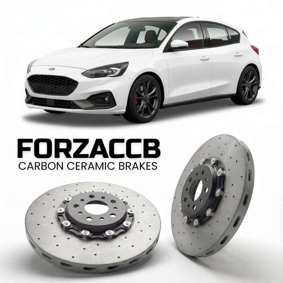 ForzaCCB direct OEM replacement carbon ceramic brake rotors for 2018 to 2021 Ford Focus IV Hatchback models, shown with a white Ford Focus car.