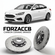 ForzaCCB direct OEM replacement carbon ceramic brake rotors for 2018 to 2021 Ford Focus IV Sedan models, shown with a white Ford Focus car.