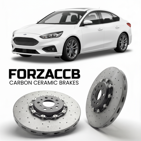 ForzaCCB direct OEM replacement carbon ceramic brake rotors for 2018 to 2021 Ford Focus IV Sedan models, shown with a white Ford Focus car.