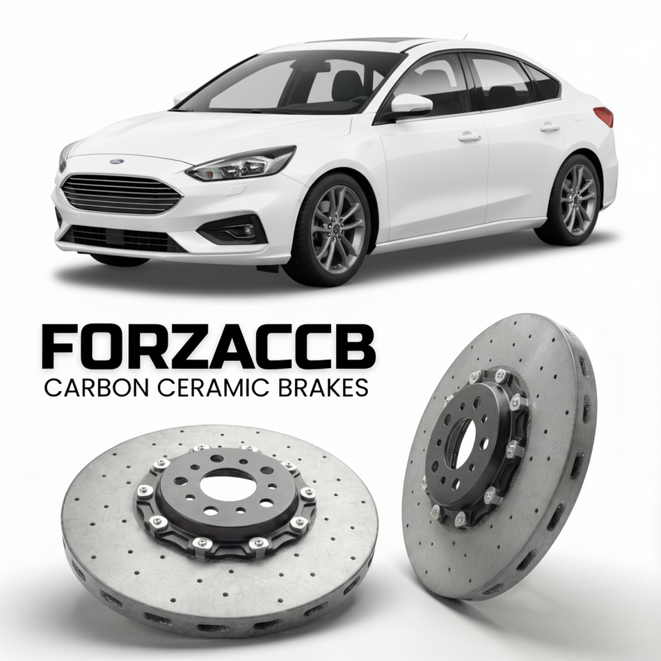 ForzaCCB direct OEM replacement carbon ceramic brake rotors for 2018 to 2021 Ford Focus IV Sedan models, shown with a white Ford Focus car.