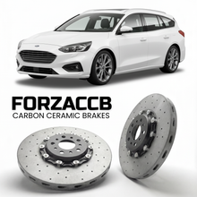 ForzaCCB direct OEM replacement carbon ceramic brake rotors for 2018 to 2021 Ford Focus IV Wagon models, shown with a white Ford Focus car.