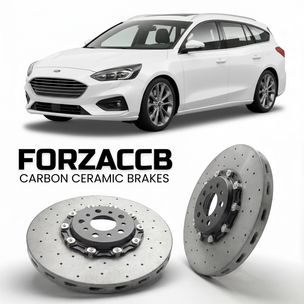 ForzaCCB direct OEM replacement carbon ceramic brake rotors for 2018 to 2021 Ford Focus IV Wagon models, shown with a white Ford Focus car.
