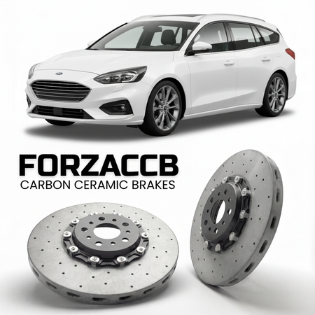 ForzaCCB direct OEM replacement carbon ceramic brake rotors for 2018 to 2021 Ford Focus IV Wagon models, shown with a white Ford Focus car.