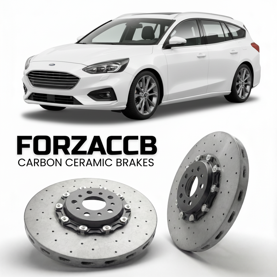 ForzaCCB direct OEM replacement carbon ceramic brake rotors for 2018 to 2021 Ford Focus IV Wagon models, shown with a white Ford Focus car.
