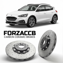 ForzaCCB direct OEM replacement carbon ceramic brake rotors for 2019 to 2021 Ford Focus IV Active Hatchback models, shown with a white Ford Focus car.