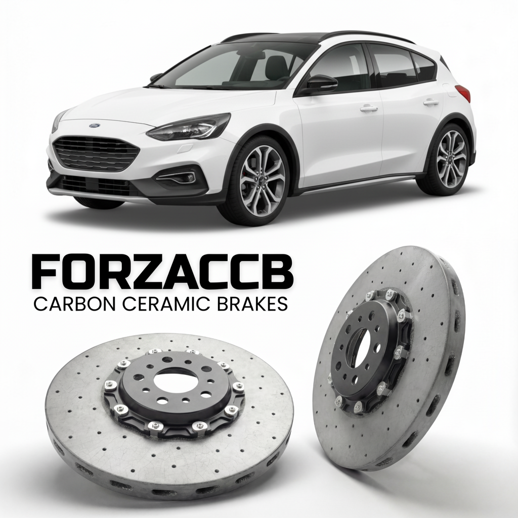 ForzaCCB direct OEM replacement carbon ceramic brake rotors for 2019 to 2021 Ford Focus IV Active Hatchback models, shown with a white Ford Focus car.