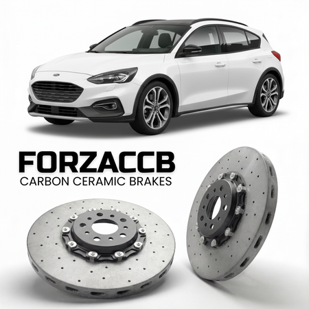 ForzaCCB direct OEM replacement carbon ceramic brake rotors for 2019 to 2021 Ford Focus IV Active Hatchback models, shown with a white Ford Focus car.
