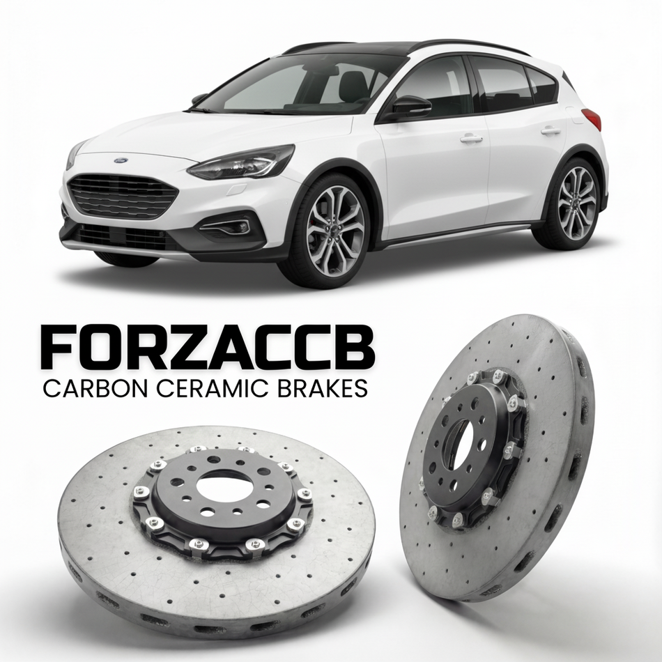 ForzaCCB direct OEM replacement carbon ceramic brake rotors for 2019 to 2021 Ford Focus IV Active Hatchback models, shown with a white Ford Focus car.