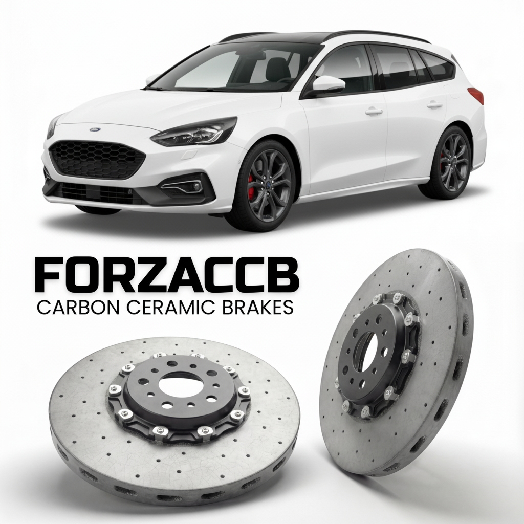 ForzaCCB direct OEM replacement carbon ceramic brake rotors for 2019 to 2021 Ford Focus IV Active Wagon models, shown with a white Ford Focus car.