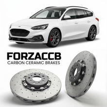 ForzaCCB direct OEM replacement carbon ceramic brake rotors for 2019 to 2021 Ford Focus IV Active Wagon models, shown with a white Ford Focus car.