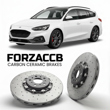 ForzaCCB direct OEM replacement carbon ceramic brake rotors for 2019 to 2021 Ford Focus IV Active Wagon models, shown with a white Ford Focus car.