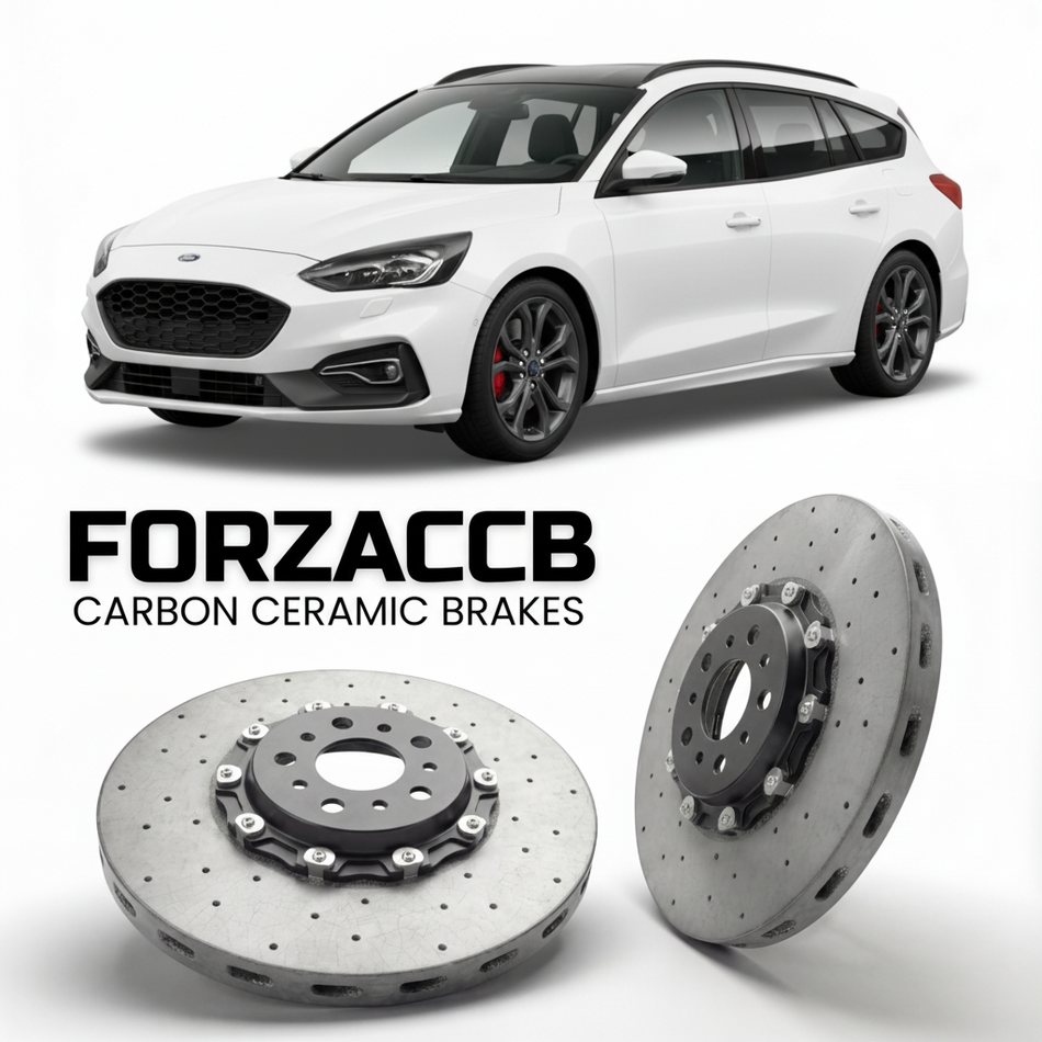 ForzaCCB direct OEM replacement carbon ceramic brake rotors for 2019 to 2021 Ford Focus IV Active Wagon models, shown with a white Ford Focus car.