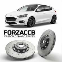 ForzaCCB direct OEM replacement carbon ceramic brake rotors for 2022+) Ford Focus IV Hatchback (facelift 2022 models, shown with a white Ford Focus car.