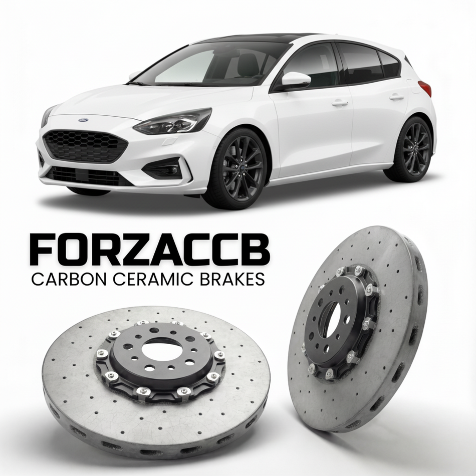 ForzaCCB direct OEM replacement carbon ceramic brake rotors for 2022+) Ford Focus IV Hatchback (facelift 2022 models, shown with a white Ford Focus car.